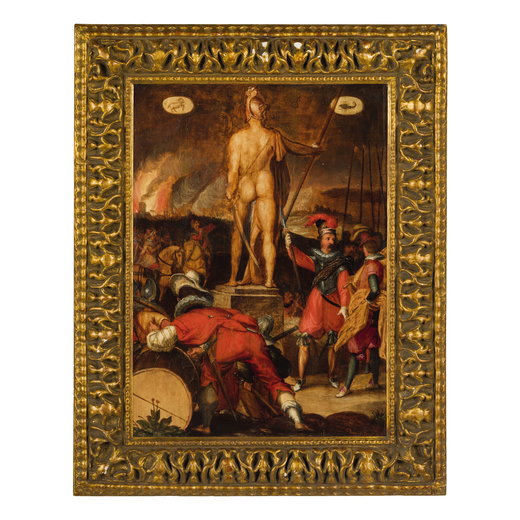 PITTORE DEL XVI-XVII SECOLO Scena di battaglia con scultura di Marte e segni zodiacali<br>Olio su ta