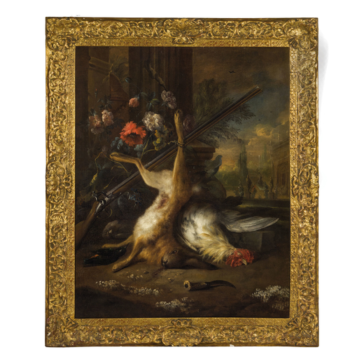 PITTORE DEL XVII-XVIII SECOLO Paesaggio con cacciagione<br>Olio su tela, cm 114X92