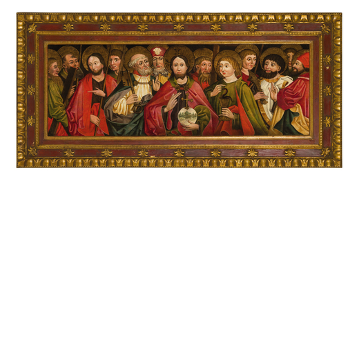 PITTORE DEL XVI-XVII SECOLO  Cristo benedicente e i Dodici Apostoli <br>Olio su tavola, cm 44X124