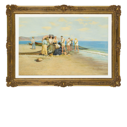 CESARE BENTIVOGLIO (Genova 1868 - 1952)<br>Pescatori e fanciulle sulla spiaggia<br>Firmato C Bentivo