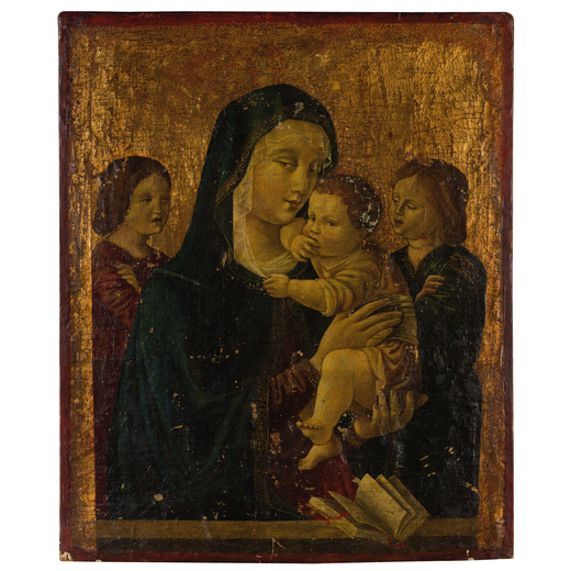 PITTORE DEL XIX SECOLO Madonna con il Bambino<br>Olio su tavola, cm 37X30