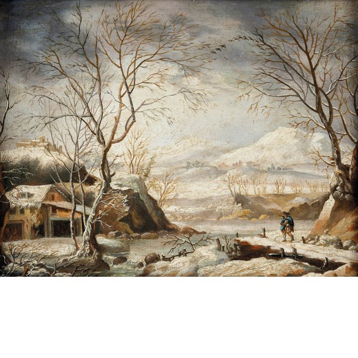 PITTORE DEL XIX SECOLO Paesaggio invernale<br>Olio su tavola, cm 20X25,5