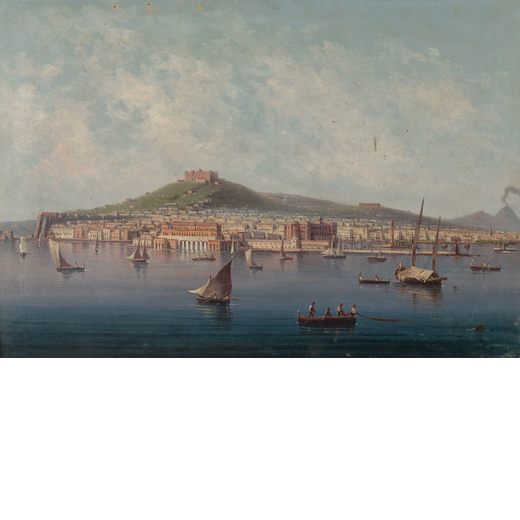 PITTORE DEL XIX SECOLO <br>Il golfo di Napoli con il Vesuvio sullo sfondo <br>Olio su tela, cm 57X83
