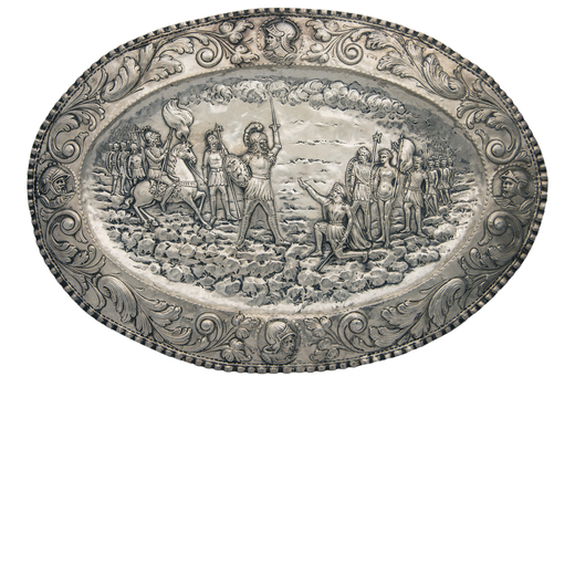 PIATTO DA PARATA IN ARGENTO, SPAGNA, XIX-XX SECOLO di forma ovale, bordo a motivi naturalistici, sog