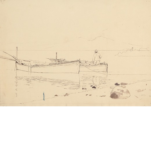 LORIA VINCENZO (1849-1939)  Due barche a riva con il Vesuvio sullo sfondo <br>Firmato V Loria in bas