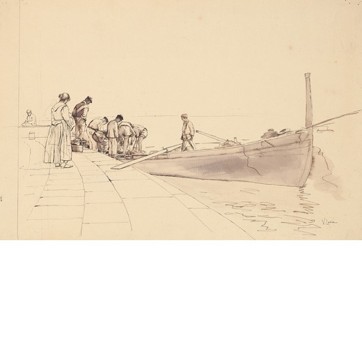 LORIA VINCENZO (1849-1939)  Si vende il pescato <br>Firmato V Loria in basso a destra 