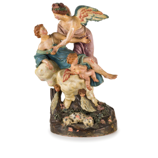 GRUPPO IN TERRACOTTA DIPINTA, XIX-XX SECOLO raffigurante angelo con personaggio, amorini e cane su b
