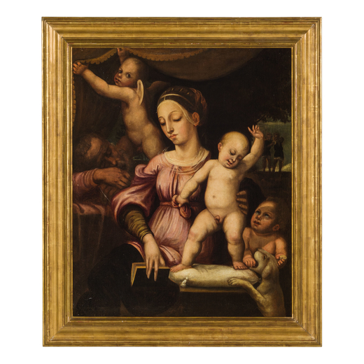 FRANCESCO MENZOCCHI  (Forlì, 1502 - 1574)<br>Sacra Famiglia<br>Olio su tela, cm 98X79
