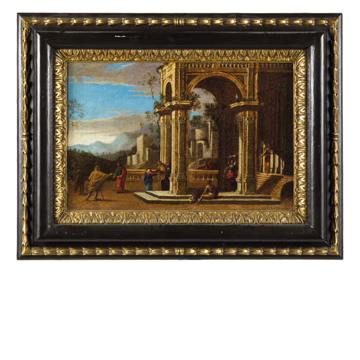 ASCANIO LUCIANI (Napoli, 1621 - 1706) <br>Capriccio architettonico con figure<br>Olio su tela, cm 49