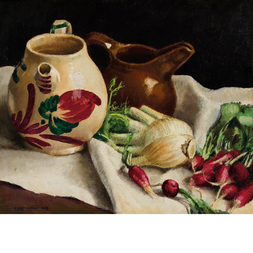 CARLO VITALE (Milano, 1902 - Camogli, 1996)<br>Natura morta con ortaggi e brocche in ceramica <br>Fi