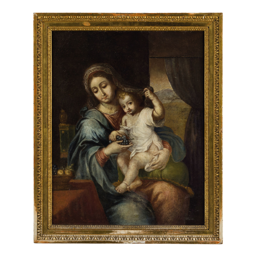 PITTORE DEL XVII-XVIII SECOLO Madonna con il Bambino<br>Olio su tela, cm 72X57