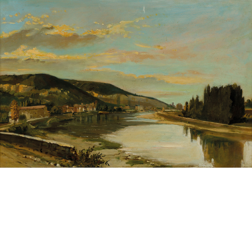 PITTORE DEL XIX SECOLO <br>Paesaggio fluviale <br>Olio su cartone, cm 33X50