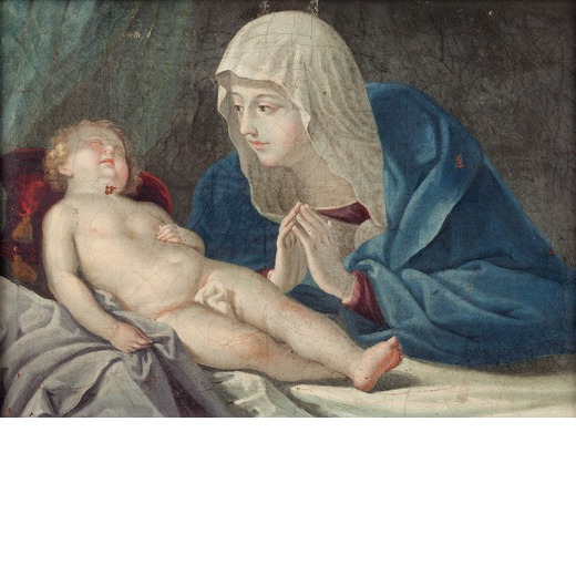 PITTORE DEL XVIII SECOLO Madonna con Bambino<br>Olio su tela, cm 22X30,7