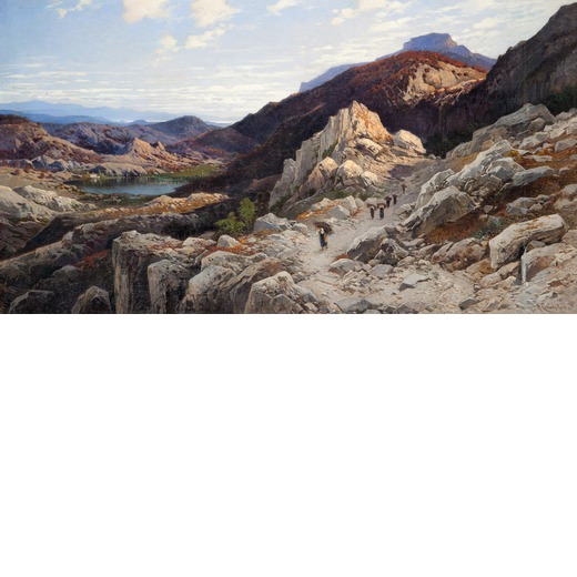 CORRODI HERMANN (1844-1905)  Paesaggio lacustre con figure <br>Firmato Corrodi in basso a destra 