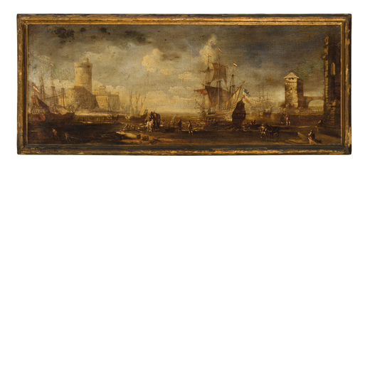 JOHANN ANTON EISMANN  (Salisburgo, 1613 - Venezia, 1698)<br>Veduta marina con torre e vascelli<br>