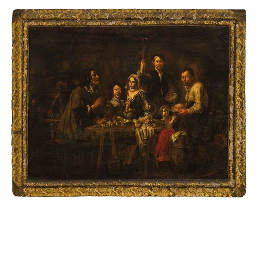 PITTORE DEL XVII SECOLO  Scena di taverna<br>Olio su tela, cm 76X102