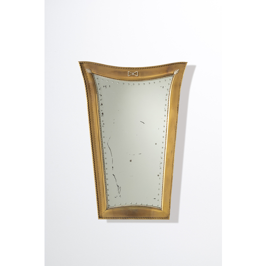 MANIFATTURA ITALIANA Specchio. Ottone, metallo smaltato, cristallo specchiato, legno laccato. Italia