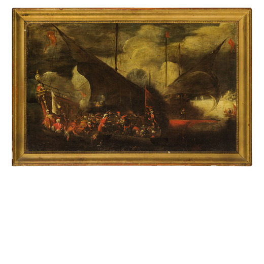 CORNELIO DE WAEL  (Anversa, 1592 - Roma, 1667)<br>Battaglia navale<br>Olio su tela, cm 66X100