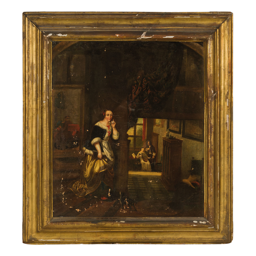JAN HAVICKSZOON STEEN (maniera di) (Leida, 1626 - 1679)<br>Scena di interno<br>Olio su tela, cm 76X6