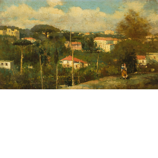 LUIGI CRISCONIO Napoli 1893 - Portici (NA) 1946<br>Paesaggio campestre con contadinelle<br>Firmato C