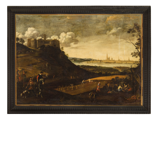 PITTORE DEL XVII-XVIII SECOLO  Paesaggio con la veduta di Anversa<br>Olio su tela, cm 100X140