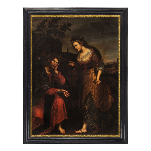 PITTORE DEL XVII-XVIII SECOLO Cristo e la Samaritana<br>Olio su tela, cm 200X145