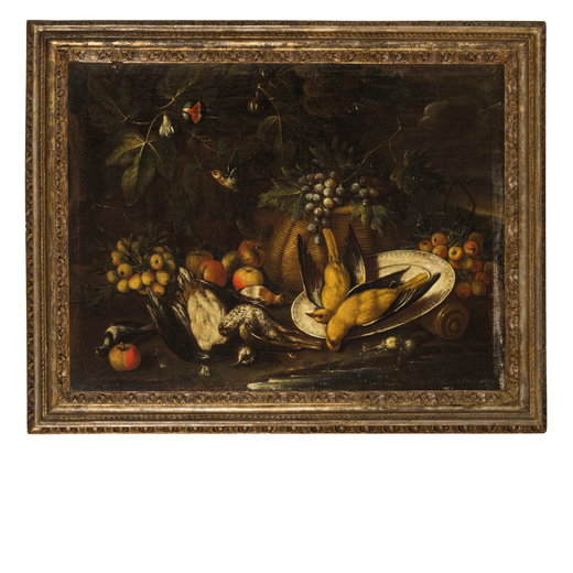 BALDASSARRE DE CARO (attr. a) (Napoli, 1689 - 1750)<br>Natura morta con cacciagione e frutti <br>Oli