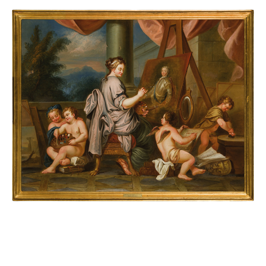 PITTORE FRANCESE DEL XVIII SECOLO Allegoria della Pittura<br>Olio su tela, cm 92X120
