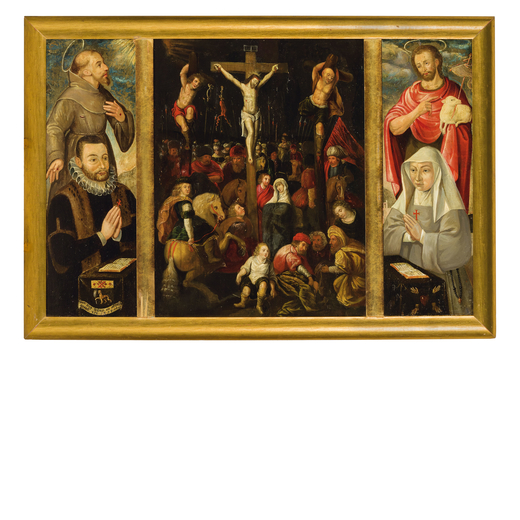 PITTORE FIAMMINGO DEL XVI-XVII SECOLO Crocifissione con donatore e Santi<br>Olio su tavola, cm 64X98