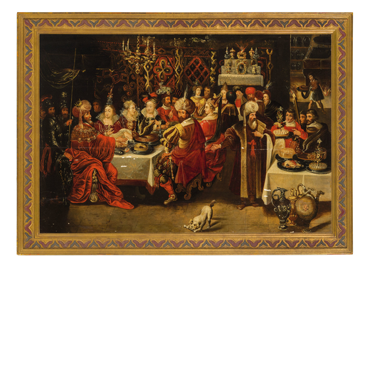GASPAR VAN DEN HOECKE (cerchia di) (Anversa, 1585 - 1648) <br>Festino di Baldassarre<br>Olio su tavo