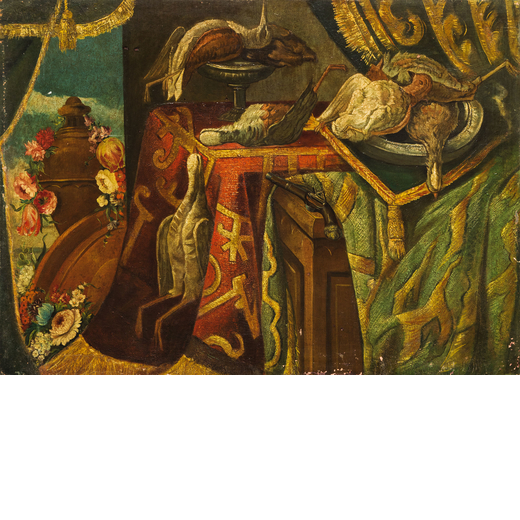 PITTORE DEL XVIII SECOLO Natura morta con tappeti<br>Olio su tela, cm 100X140