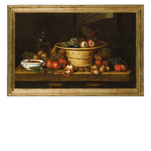 PITTORE DEL XVIII-XIX SECOLO Natura morta con cesto di frutta, nocciole e bottiglia<br>Olio su tela,