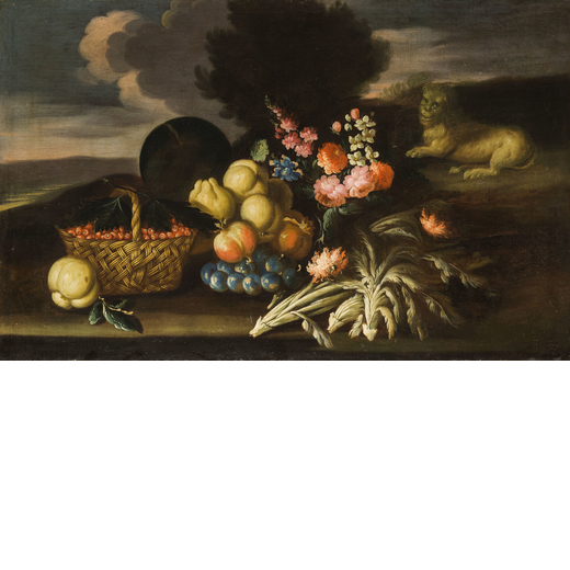 GIUSEPPE PESCI (attr. a) (Parma,? - 1722)<br>Paesaggio con natura morta<br>Olio su tela, cm 100X143