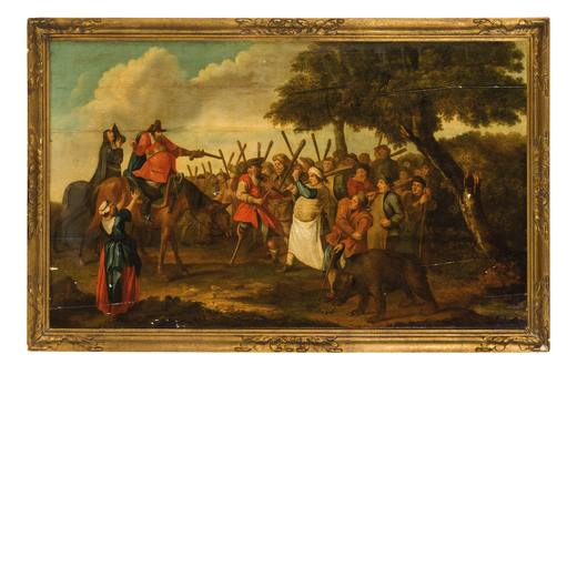 PITTORE OLANDESE DEL XVIII SECOLO Scena con figura a cavallo e contadini armati di bastone<br>Olio s