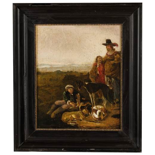 PITTORE BAMBOCCIANTE DEL XVII-XVIII SECOLO Paesaggio con contadini<br>Olio su tavola, cm 50X40