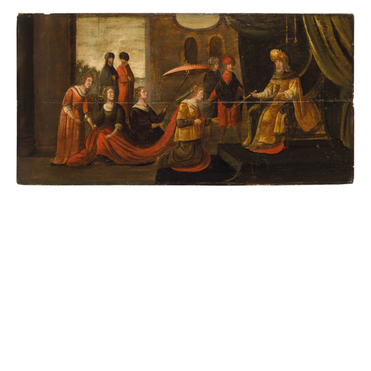 PITTORE DEL XVII SECOLO  Scena storica <br>Olio su tavola, cm 59X120