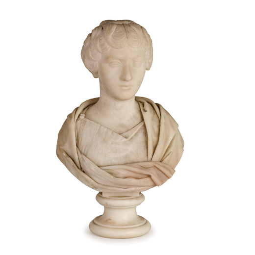 SCULTURA IN MARMO, XIX SECOLO  raffigurante busto di gentildonna con chignon e mantello, poggia su b