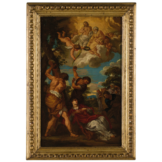 FILIPPO LAURI (Roma, 1623 - 1694) <br>Martirio di Santo Stefano<br>Olio su tela, cm 38X24