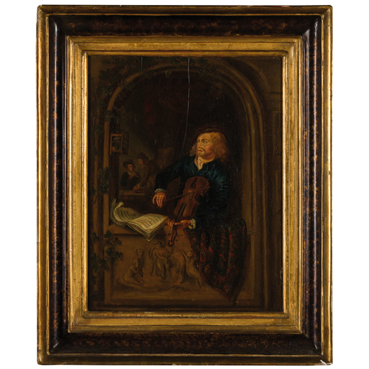 GERARD DOU (maniera di) (Leida, 1613 - 1675)<br>Uomo che suona il violino<br>Olio su tavola, cm 34X2