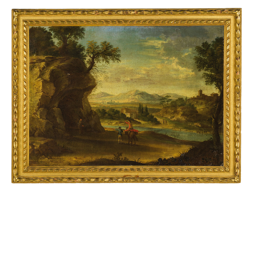 PITTORE DEL XVIII SECOLO Paesaggio<br>Olio su tela, cm 55X75