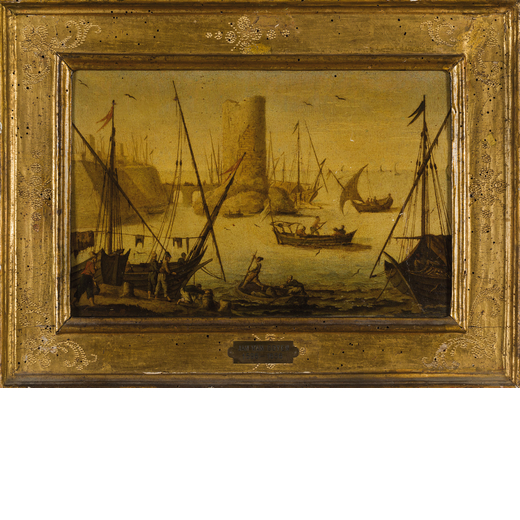 ORAZIO GREVENBROECK (Attivo a Napoli tra il XVII e il XVIII secolo) <br>Marina<br>Olio su tavola, cm