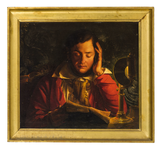 PITTORE INGLESE DEL XVIII-XIX SECOLO Uomo che legge a lume di candela<br>Olio su tela, cm 66X75