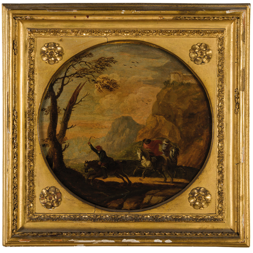 PITTORE DEL XVII-XVIII SECOLO Paesaggio con cavalieri<br>Olio su tavola, diam. cm 32X33,5