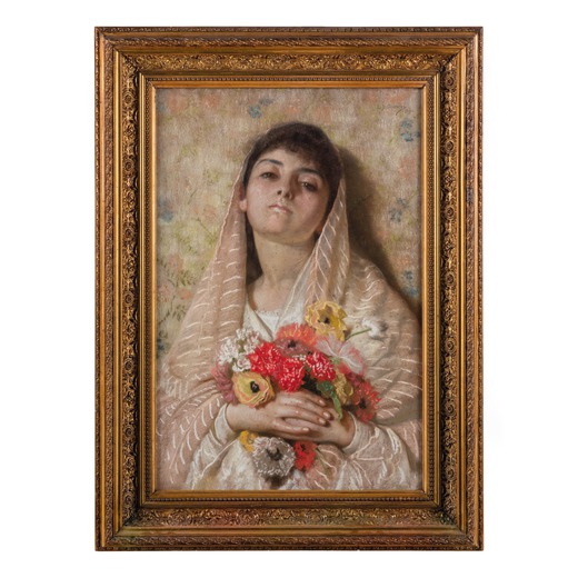 LUIGI DI GIOVANNI (1856-1938)  Fanciulla con fiori <br>Firmato L Di Giovanni e datato 1890 in alto a