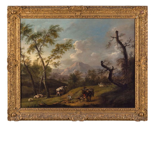 PITTORE DEL XVIII-XIX SECOLO Pastore con asino, animali e paesaggio con vulcano<br>Olio su tela, cm 