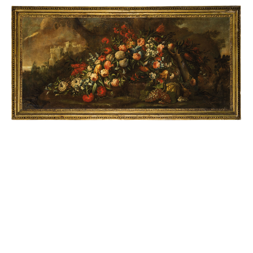 GASPARE LOPEZ (maniera di) (Napoli, 1677 - Firenze, 1740)<br>Paesaggio con ghirlande di fiori<br>Oli