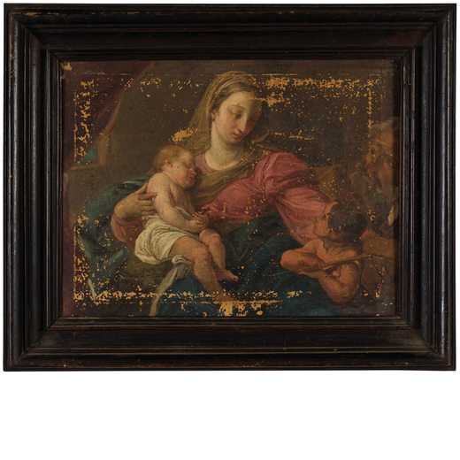 PITTORE DEL XVIII SECOLO Sacra Famiglia con San Giovannino<br>Olio su tela, cm 28X37