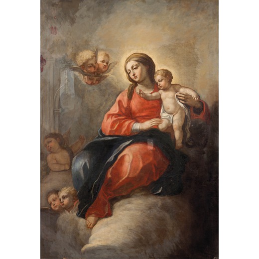 PITTORE DEL XVII-XVIII SECOLO Madonna col Bambino<br>Olio su tela, cm 167X116,5