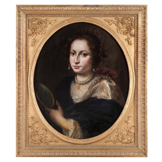 PITTORE DEL XVII SECOLO Ritratto di dama con specchio<br>Olio su tela ovale, cm 65,4X53,4