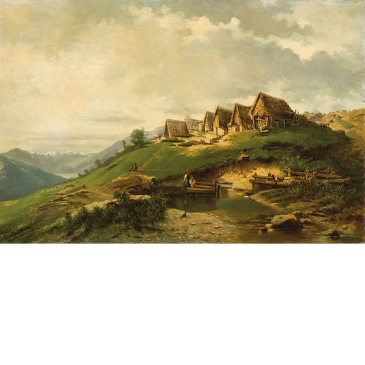 PITTORE DEL XIX SECOLO <br>Paesaggio montano con capanni e contadini <br>Olio su tela, cm 90X135
